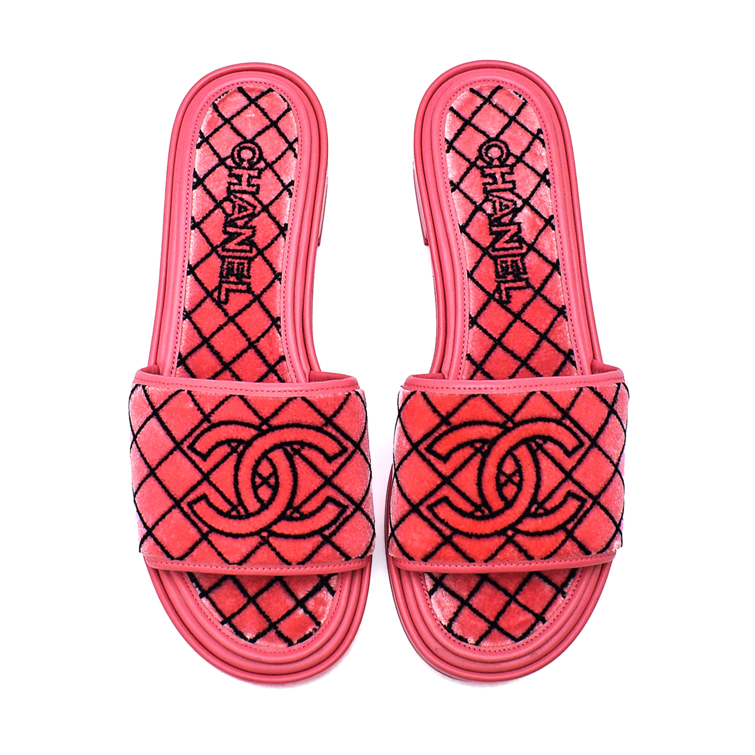 Chanel - Pink & Black Velvet CC Sandals